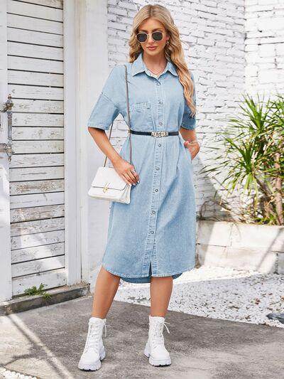 Button Up Dropped Shoulder Denim Dress for Casual Style-0