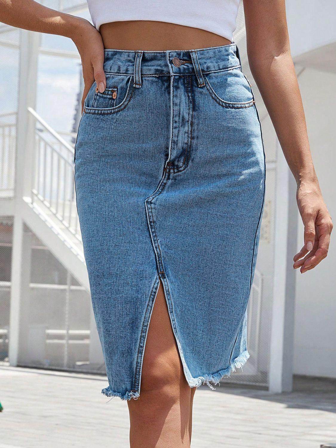 Raw Hem Slit Denim Skirt for Trendy Casual Wear-4