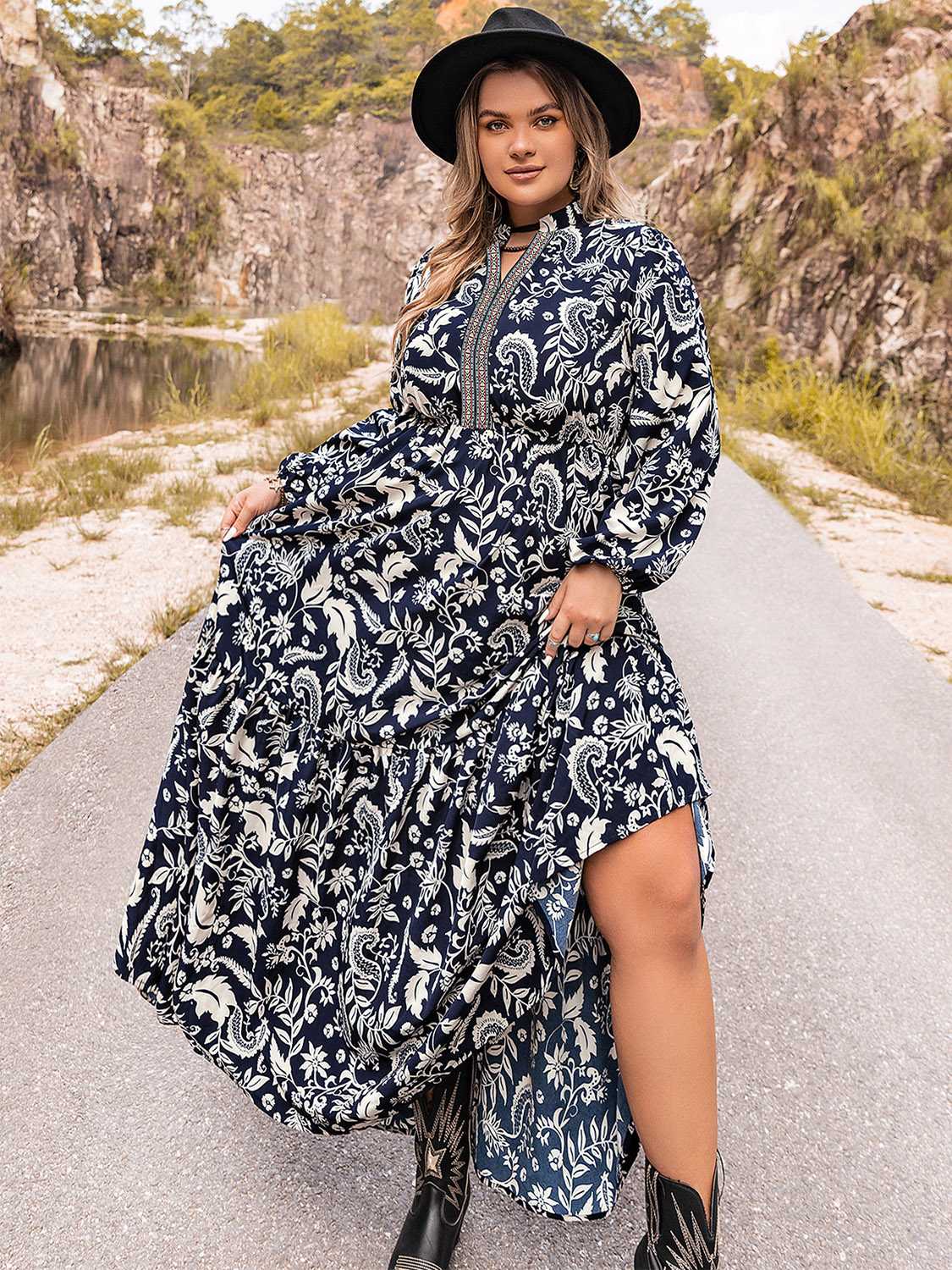 Plus Size Long Sleeve Maxi Dress-0