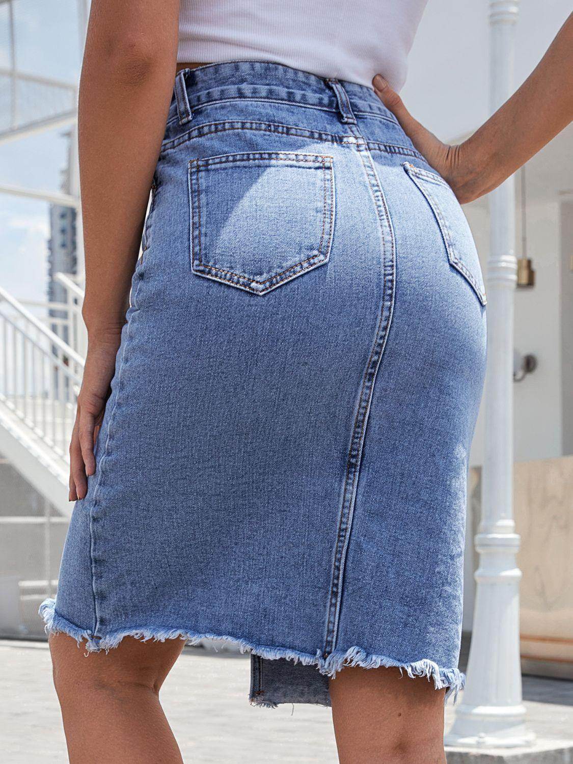 Raw Hem Slit Denim Skirt for Trendy Casual Wear-1