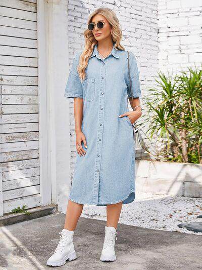 Button Up Dropped Shoulder Denim Dress for Casual Style-2