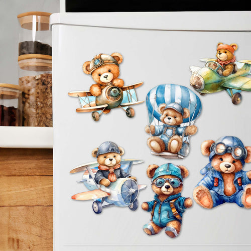Aviator Teddy Bear Decorative Eco Wood Magnets Set of 6 by G. Debrekht - Christmas Decor - 8090010G-S6-0