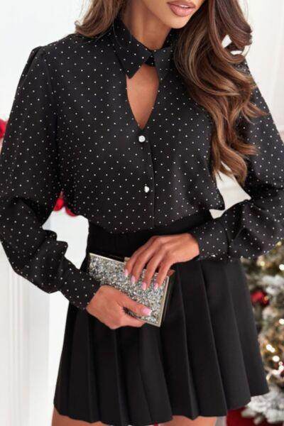 Button Down Rhinestone Decor Long Sleeve Shirt for Women-0