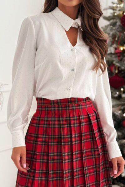 Button Down Rhinestone Decor Long Sleeve Shirt for Women-4