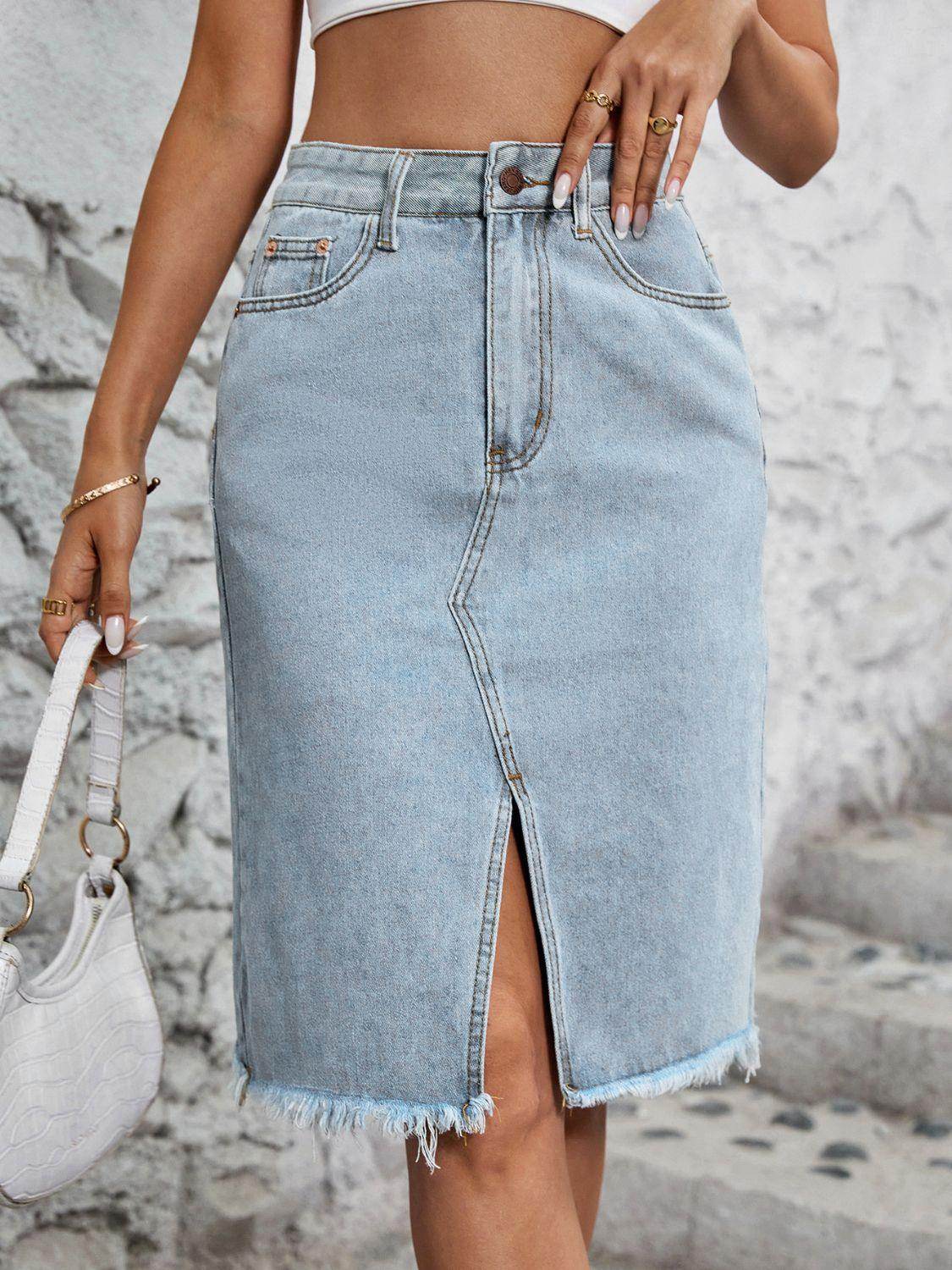 Raw Hem Slit Denim Skirt for Trendy Casual Wear-5